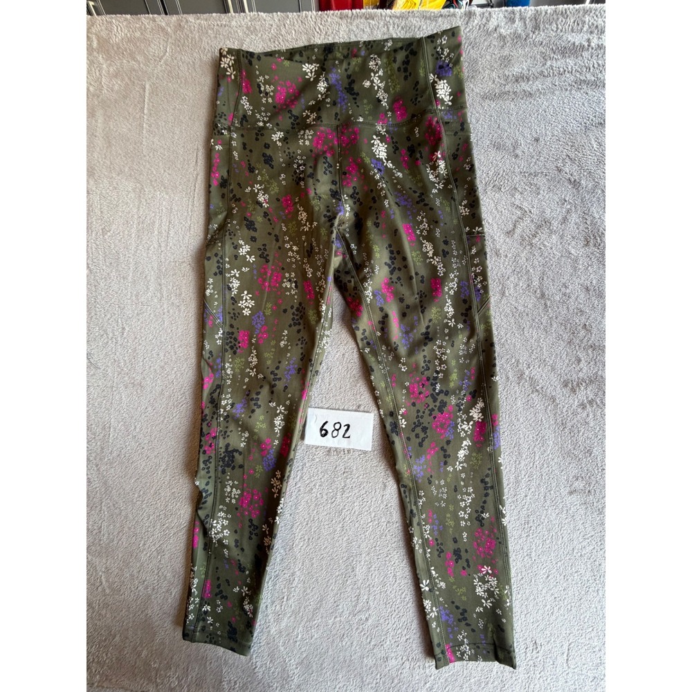 Nicole Miller Sport Leggings Womens XL Green Floral Side Pockets High